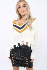 White Extreme Frayed Contrast Trim Jumper - Chancey-Jumper