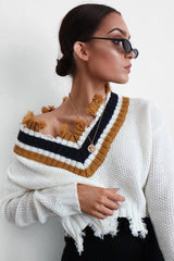 White Extreme Frayed Contrast Trim Jumper - Chancey-Jumper