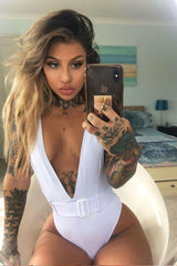 White Extreme Plunge Belted Swimsuit - Elvi-Swimsuits