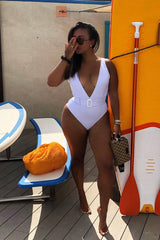 White Extreme Plunge Belted Swimsuit - Elvi-Swimsuits