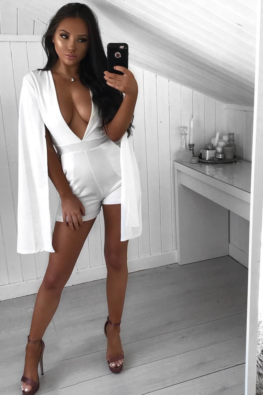 White Extreme Plunge Cape Playsuit - Haylo-Playsuits
