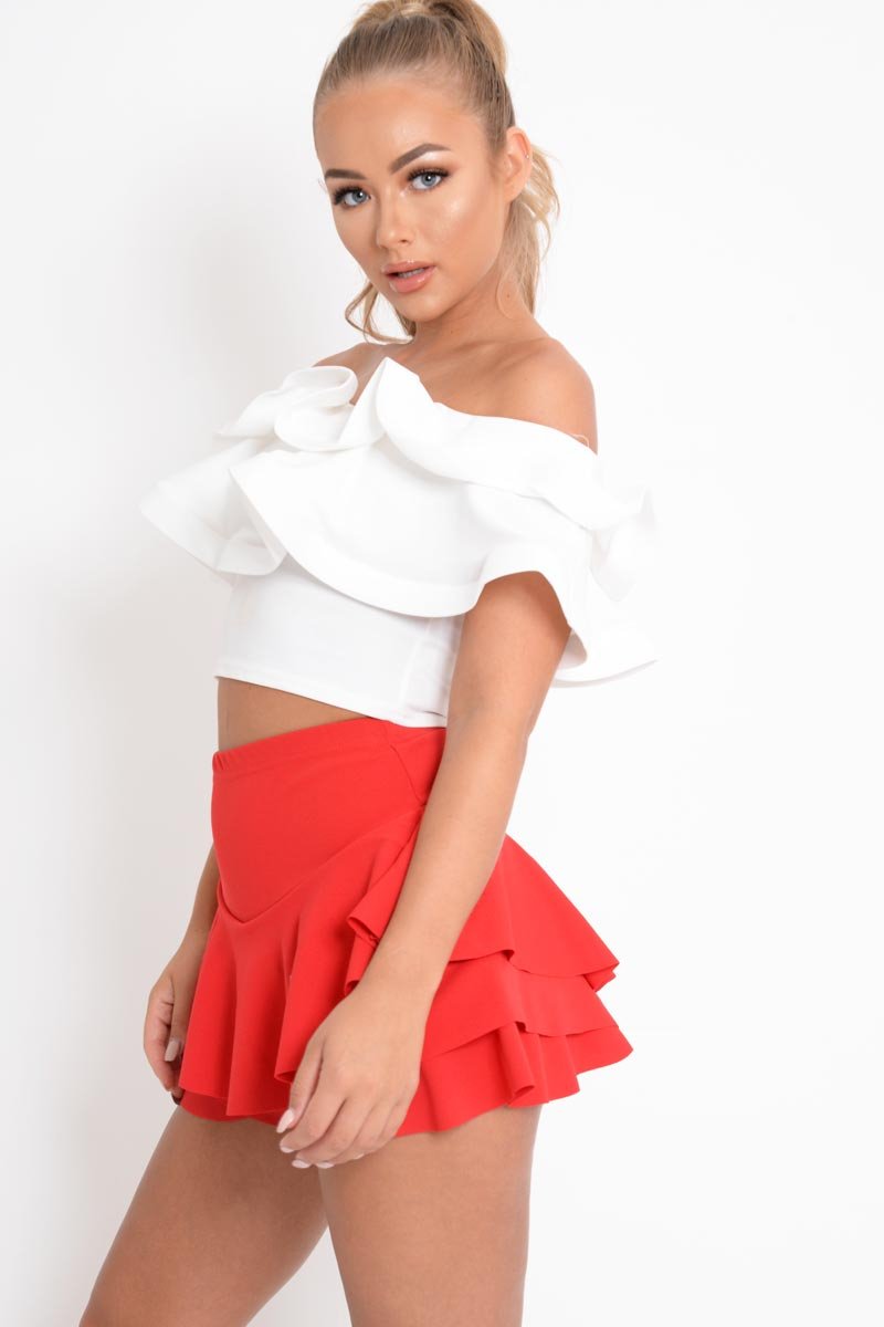 White Extreme Ruffle Bandeau Crop Top - Wilhelmina-Tops