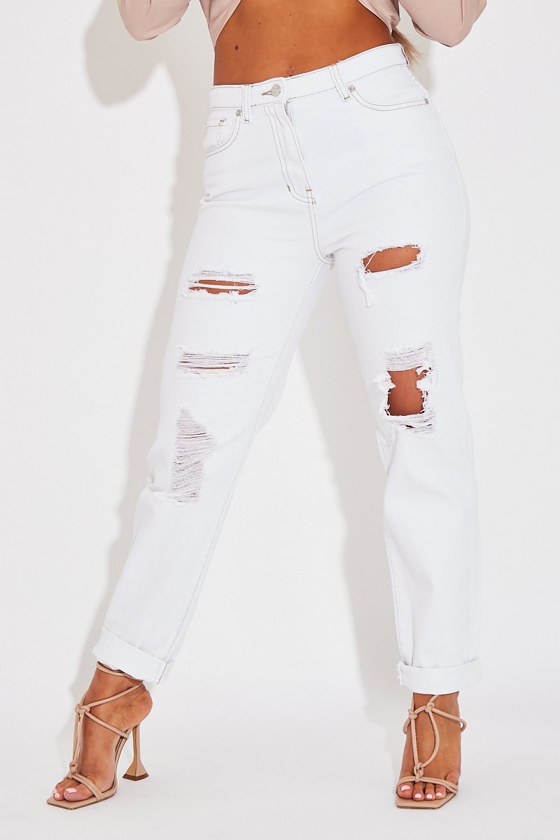 White Extremely Ripped Denim Mom Jeans - Ellynor-Jeans