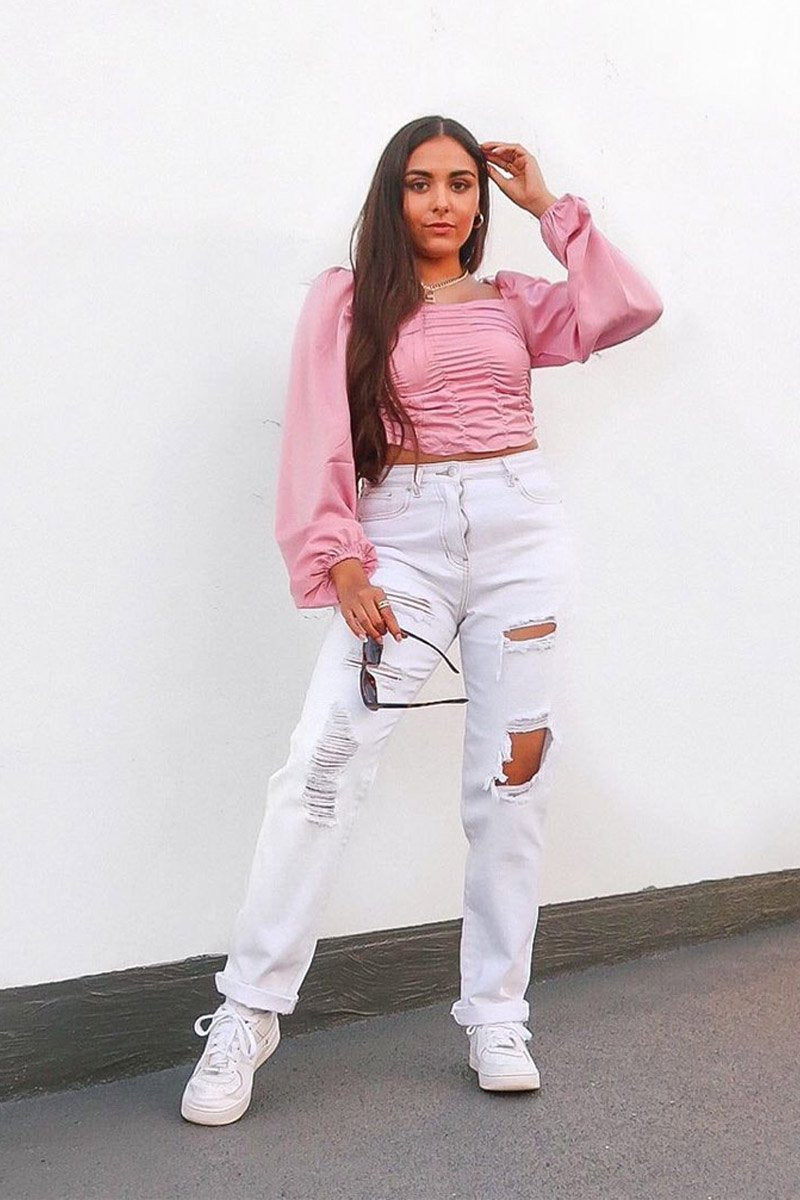 White Extremely Ripped Denim Mom Jeans - Ellynor-Jeans