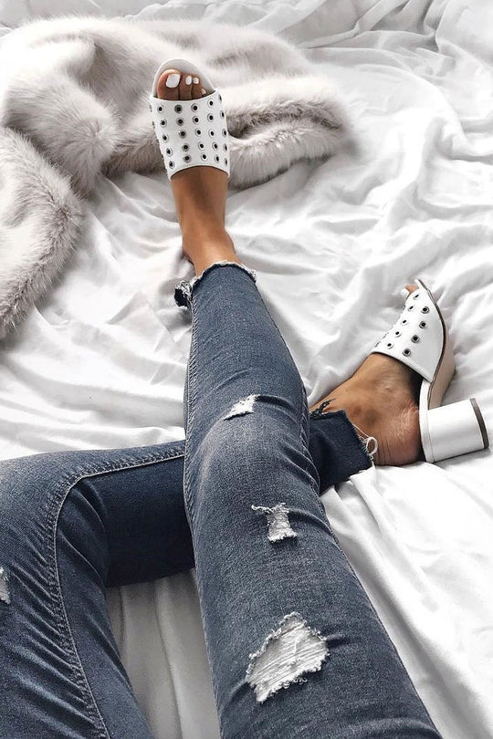 White Eyelet PU Heeled Mules - Anori