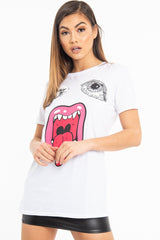 White Eyes Lips Print T-Shirt - Ayva-T-shirt