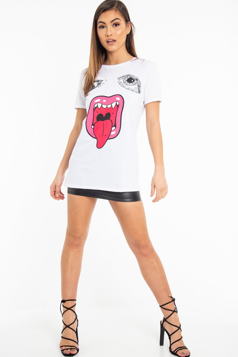 White Eyes Lips Print T-Shirt - Ayva-T-shirt