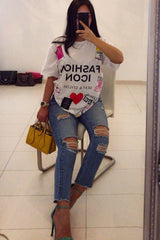 White Fashion Icon Slogan Print T-Shirt - Raeonna-T-shirt