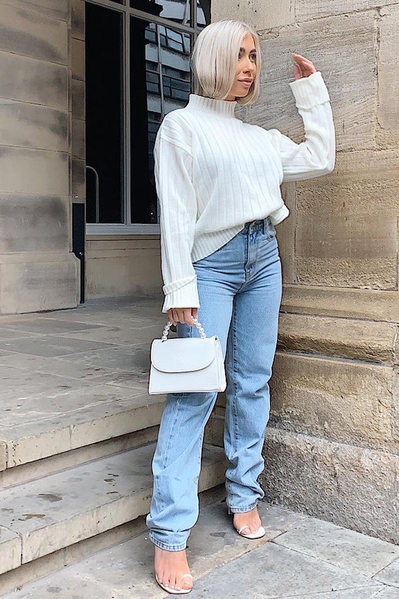 White Faux Croc Pearl Top Handle Bag - Kallen-Bags