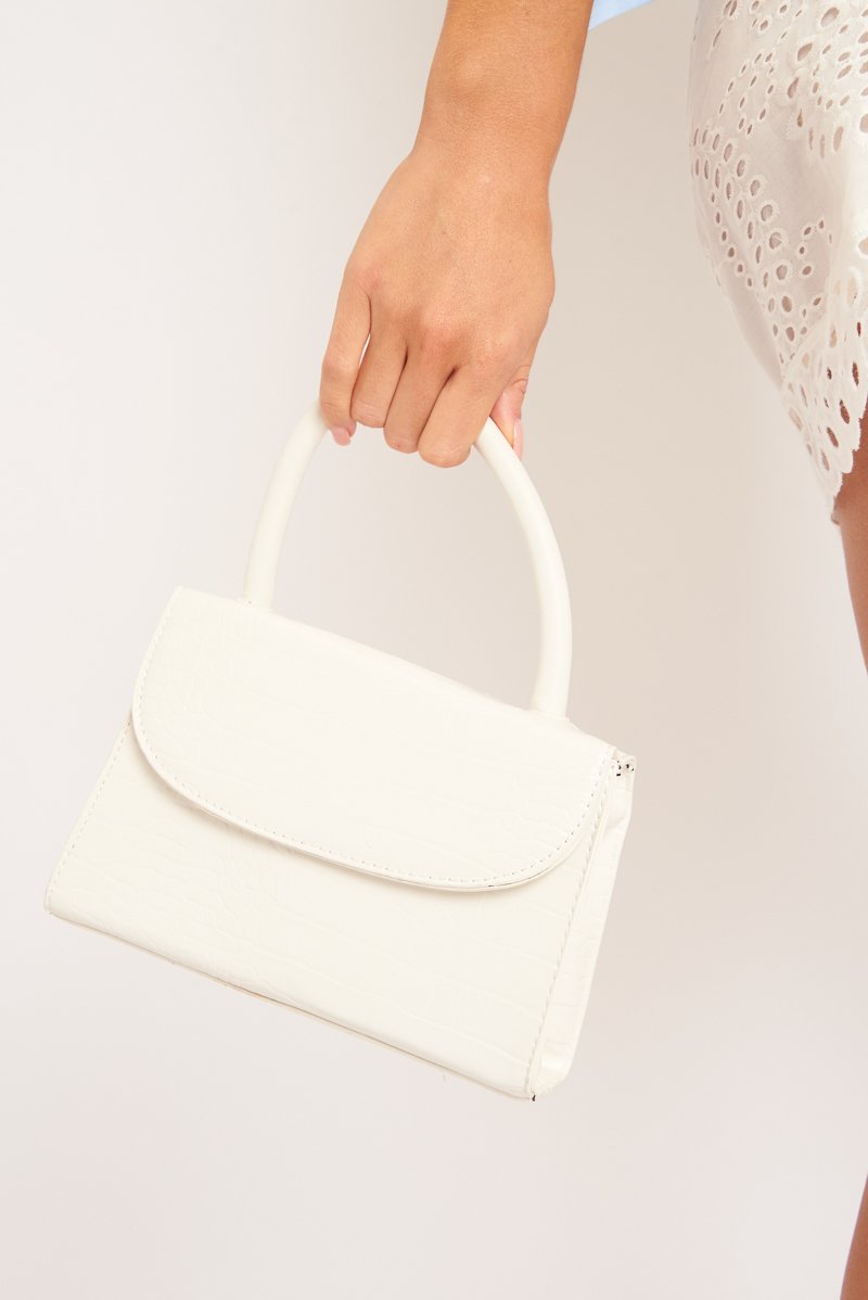 White Faux Croc Top Handle Bag - Lauran-Bags