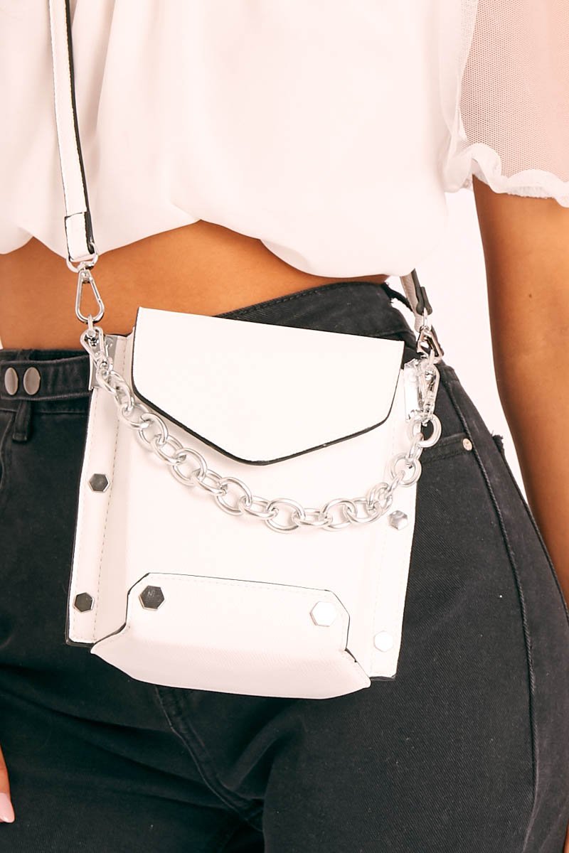 White Faux Leather Chain Front Bag - Suvi-Bags