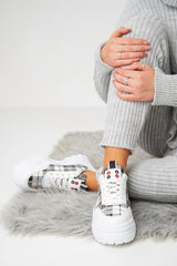White Faux Leather Check Insert Chunky Trainers - Landen-Trainers