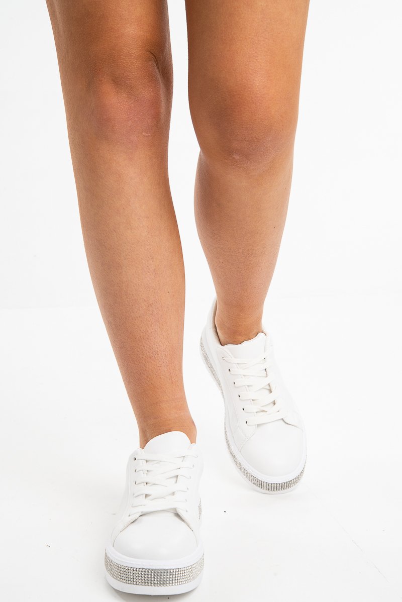 White Faux Leather Diamante Cleated Sole Trainers - Jevaeh-Trainers