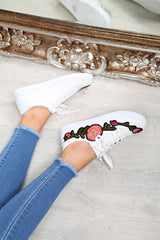 White Faux Leather Floral Trainers - Kory-Trainers