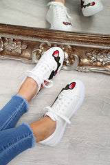 White Faux Leather Floral Trainers - Kory-Trainers