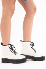 White Faux Leather Platform Chunky Ankle Boots - Miami-Boots