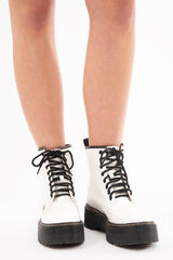 White Faux Leather Platform Chunky Ankle Boots - Miami-Boots