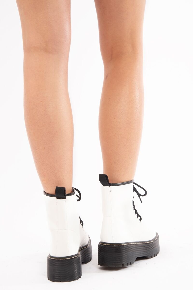 White Faux Leather Platform Chunky Ankle Boots - Miami-Boots