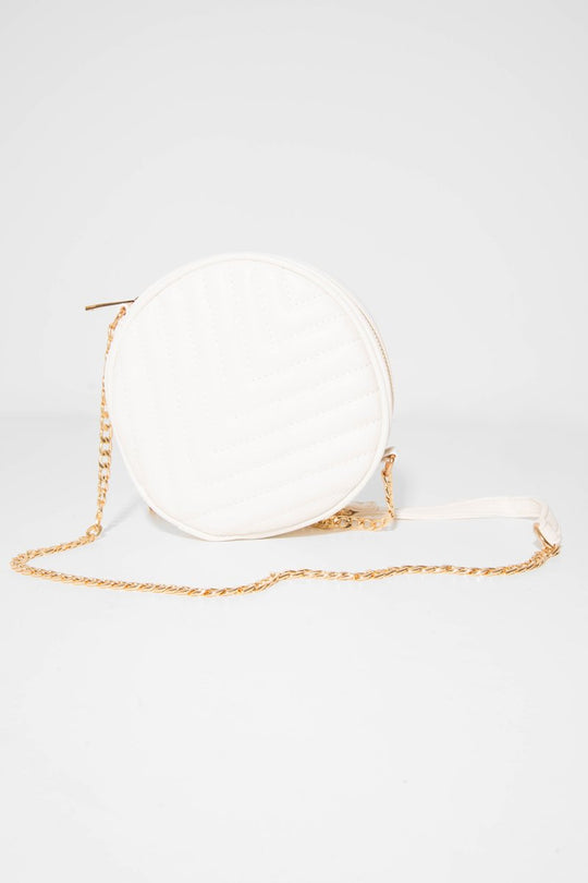 White Faux Leather Quilted Circle Bag - Chesca