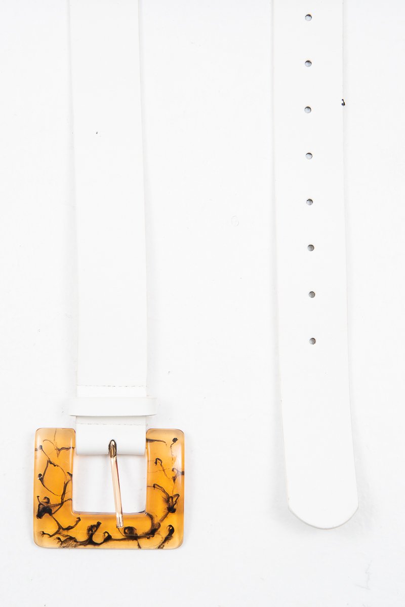 White Faux Leather Resin Buckle Detail Belt - Naira-Belts