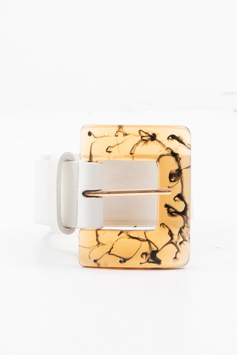White Faux Leather Resin Buckle Detail Belt - Naira-Belts