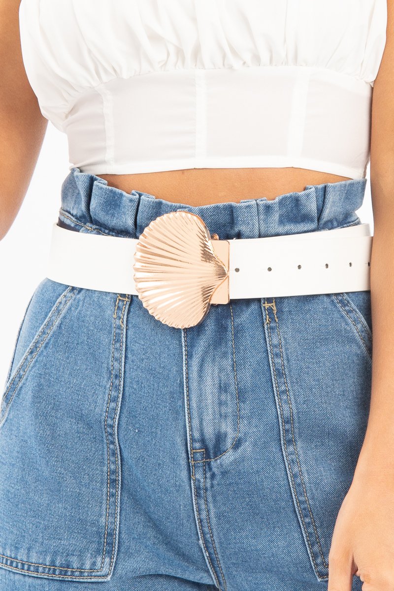 White Faux Leather Shell Buckle Belt - Cairo-Belts