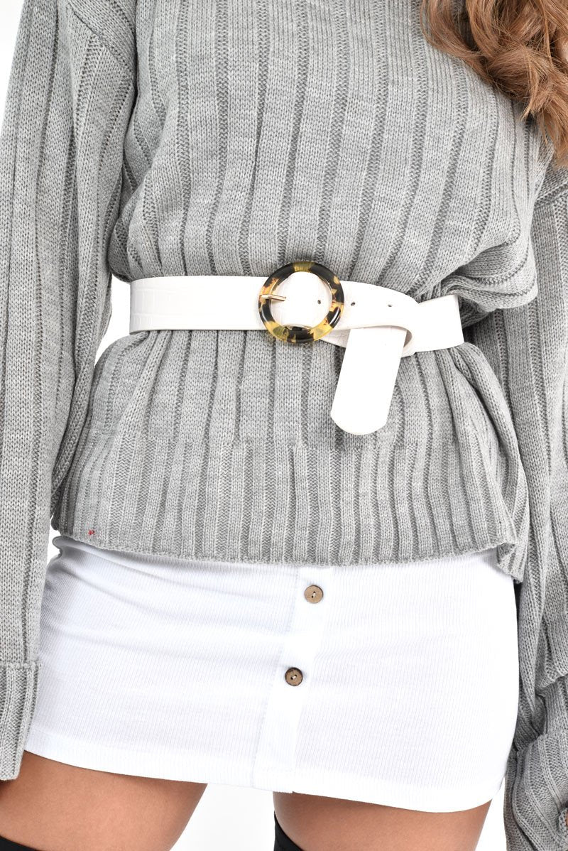 White Faux Leather Tortoise Shell Buckle Belt - Marjorie-Belts