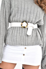 White Faux Leather Tortoise Shell Buckle Belt - Marjorie-Belts