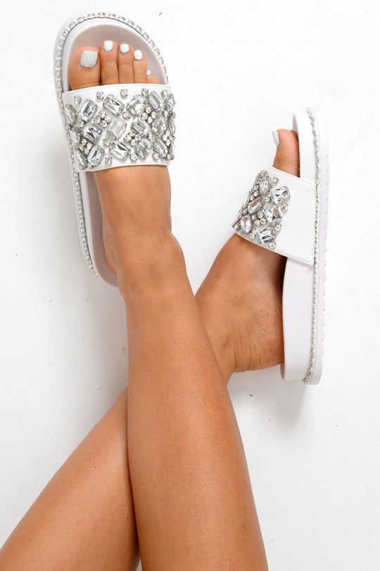 White Faux Suede Jewel Sliders - Cosette