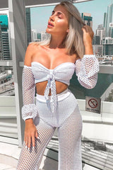 White Fish Net Crop Tie Top and Trousers Co-ord - Misa-Co-ords