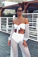 White Fish Net Crop Tie Top and Trousers Co-ord - Misa-Co-ords