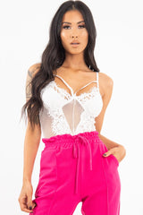 White Fishnet Floral Lace Strappy Mesh Bodysuit - Hallee