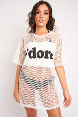 White Fishnet J'dore Slogan T-shirt Dress - Fraida-Dresses