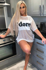 White Fishnet J'dore Slogan T-shirt Dress - Fraida-Dresses