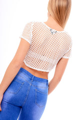 White Fishnet Short Sleeved Crop Top - Ebony-Crop Tops