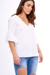 White Flare Bell Sleeve Blouse - Rosabela-Tops