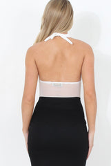 White Flocked Halter Neck Bodysuit - Annetta-Bodysuits