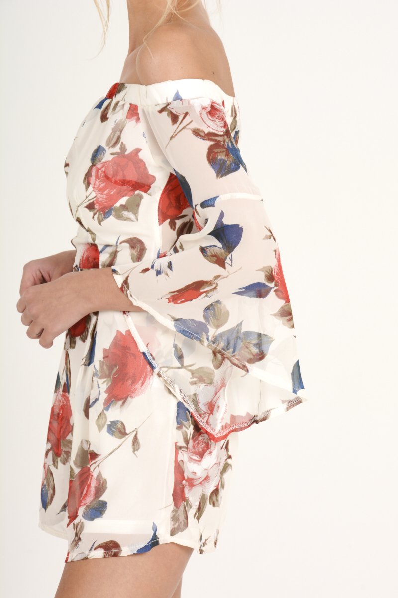 White Floral Bardot Flared Sleeve Playsuit - Carla-Playsuits