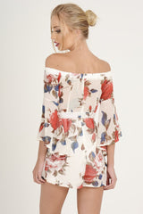 White Floral Bardot Flared Sleeve Playsuit - Carla-Playsuits