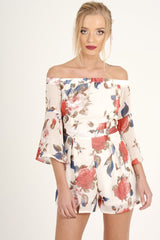White Floral Bardot Flared Sleeve Playsuit - Carla-Playsuits