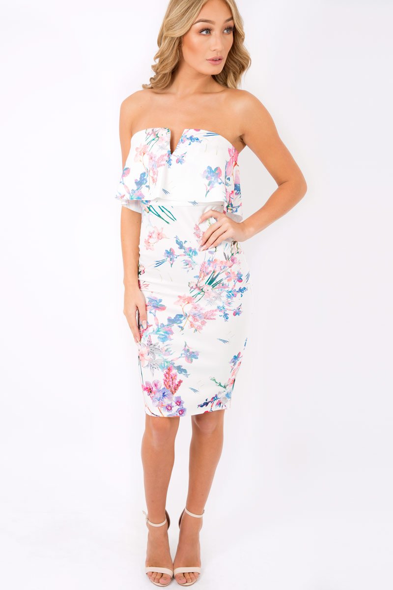 White Floral Bardot Frill Midi Dress - Caya-Dresses