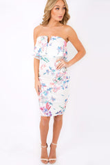 White Floral Bardot Frill Midi Dress - Caya-Dresses