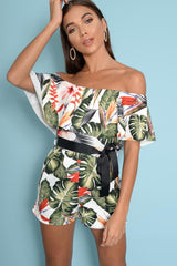 White Floral Bardot Frill Playsuit - Rylinn-Playsuits