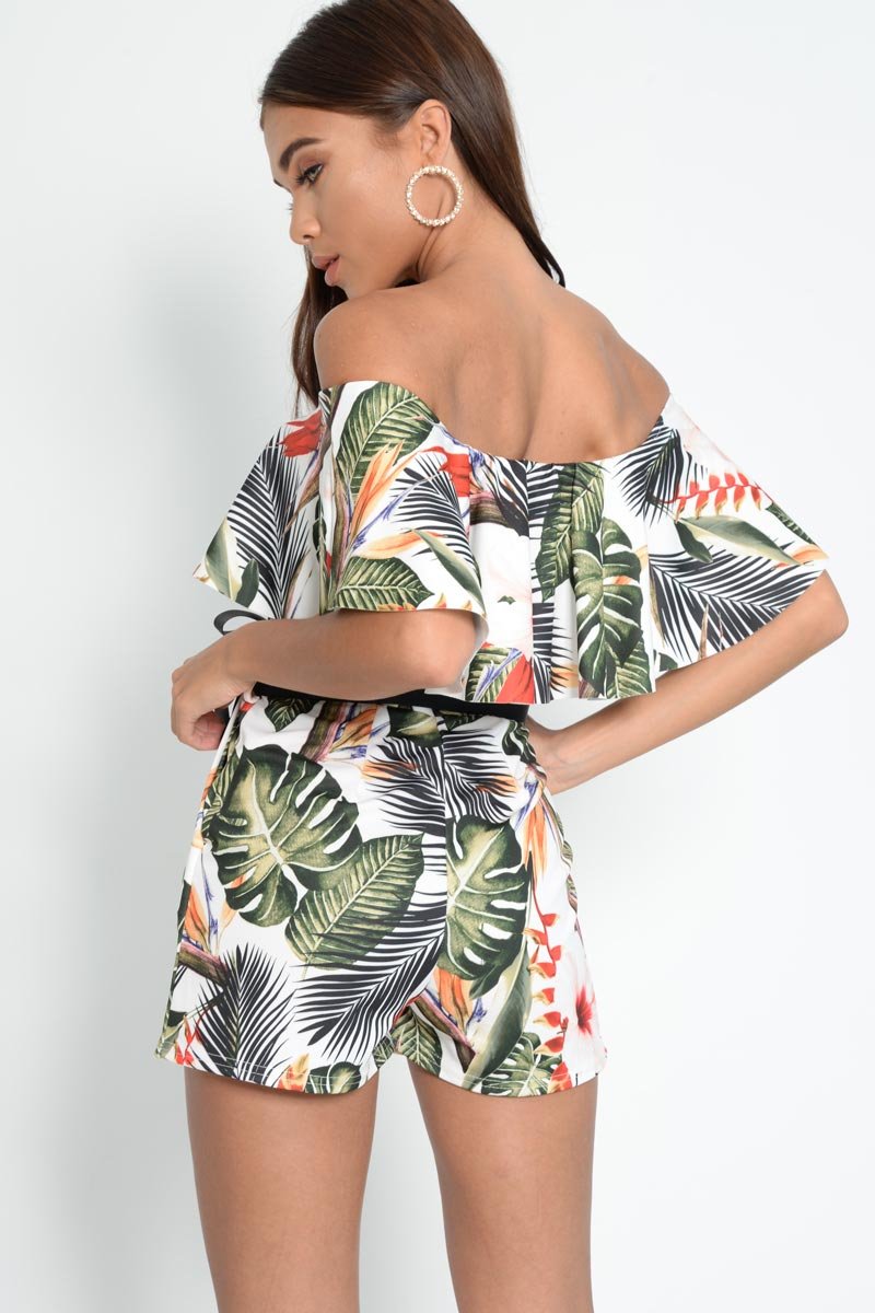 White Floral Bardot Frill Playsuit - Rylinn-Playsuits