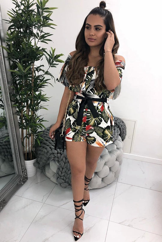 White Floral Bardot Frill Playsuit - Rylinn