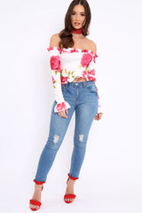 White Floral Bardot Frill Top - Bobbie-Tops
