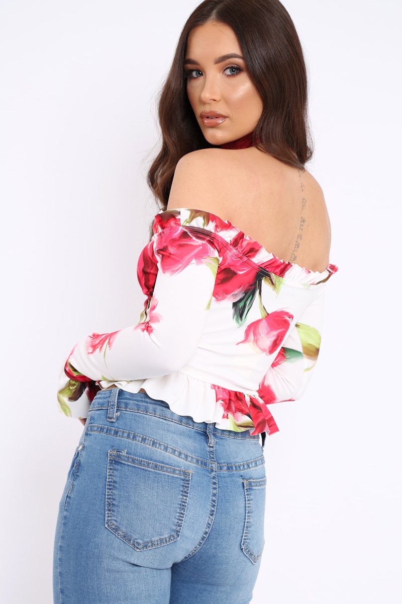 White Floral Bardot Frill Top - Bobbie-Tops