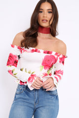 White Floral Bardot Frill Top - Bobbie-Tops