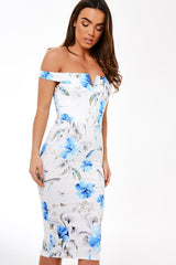 White Floral Bardot Midi Dress - Trinny-Dresses