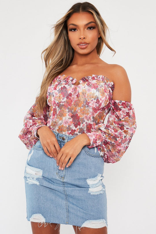 White Floral Bardot Off The Shoulder Mesh Bodysuit - Hayle